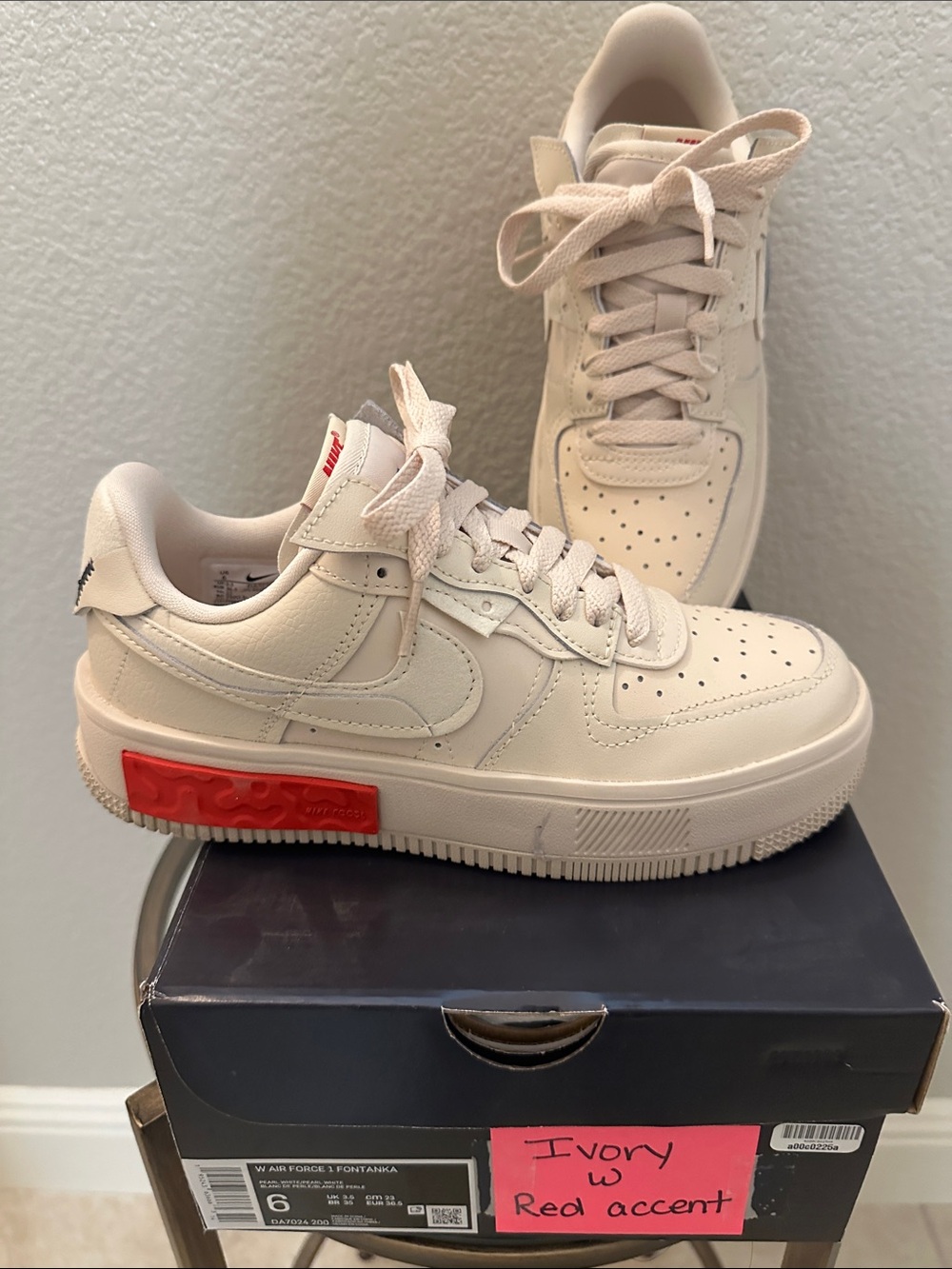 Nike Air Force One, Fontanka Cream Sneakers with Red Accent